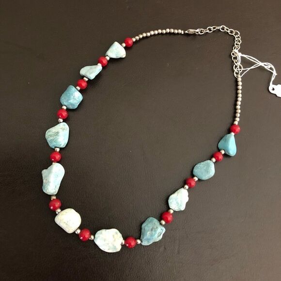 Silver Turquoise Stone Red Beaded Necklace - Picture 1 of 1